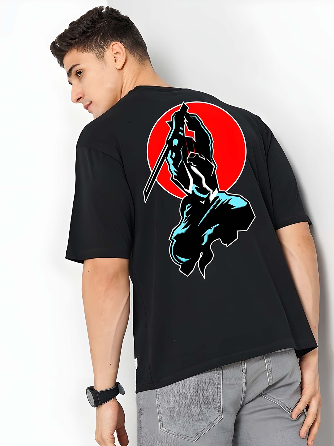

KAIDO Men Graphic Printed Round Neck Pure Cotton Relaxed Fit T-shirt, Black
