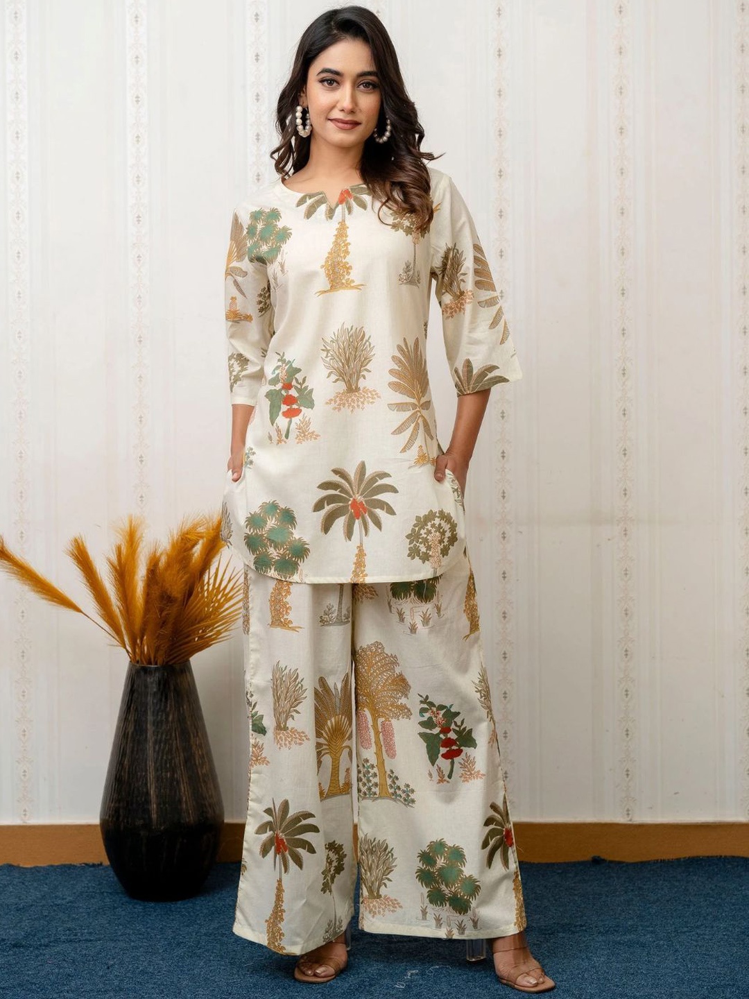

NIJANAND TEXTILE Printed Round Neck Pure Cotton Tunic With Palazzo, White