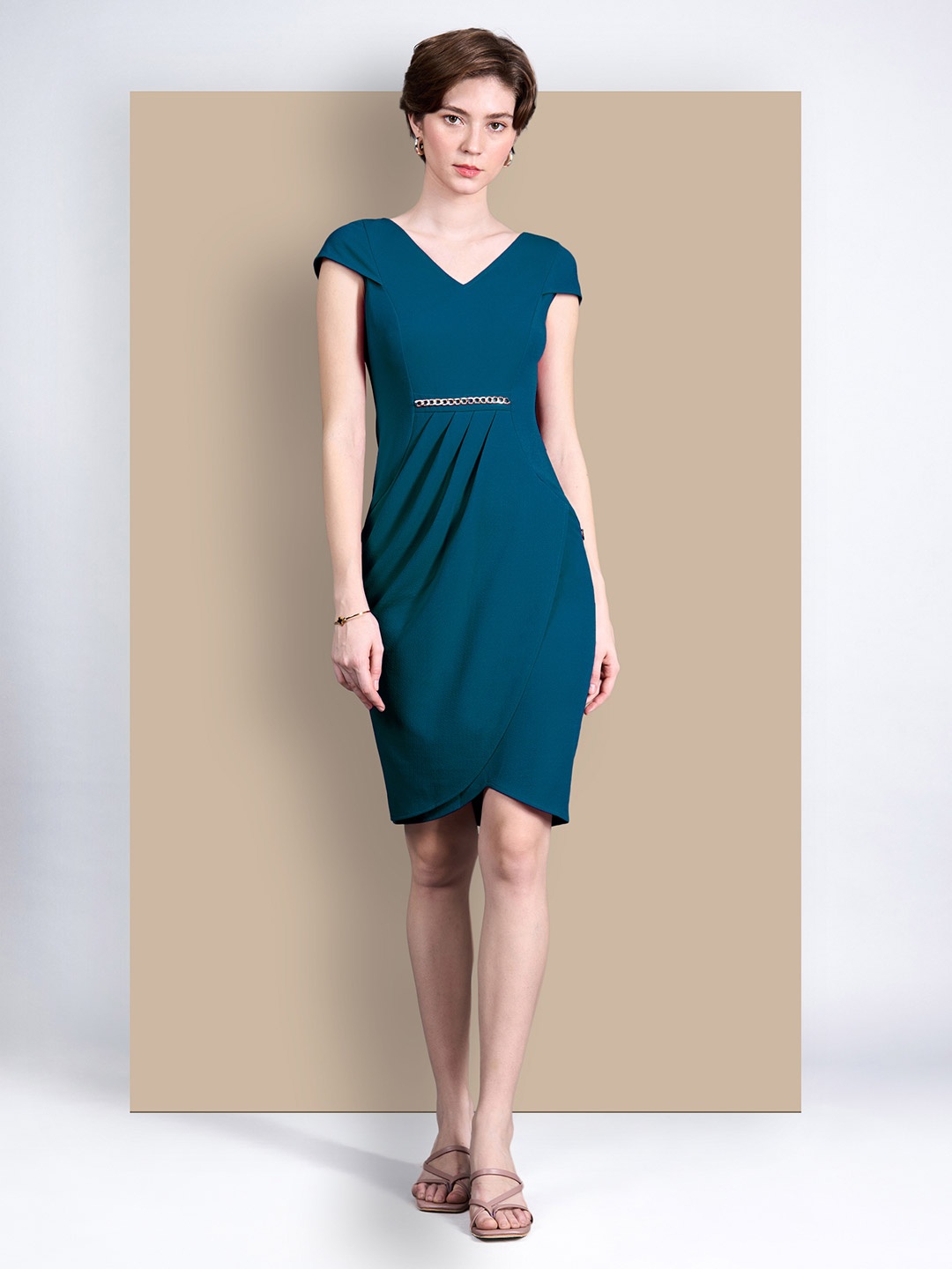 

Chemistry Women V-Neck Cap Sleeve Solid Wrapped Polyester Knee-Long Work wear Dress, Teal