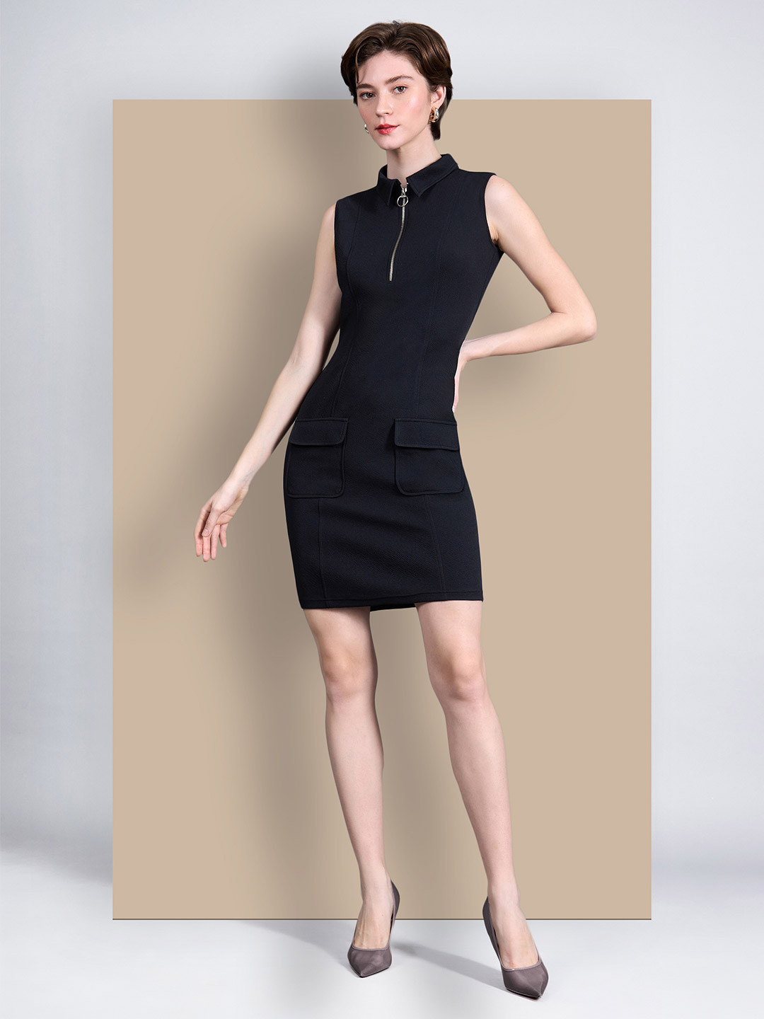 

Chemistry Women Collared Sleeveless Polyester Solid Bodycon Knee-Long Work wear Dress, Black