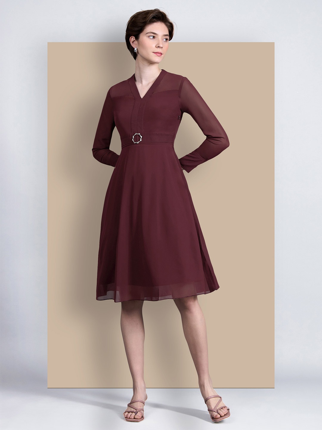 

Chemistry Women V-Neck Full Sleeve Solid Fit & Flare Midi Work wear Dress, Maroon