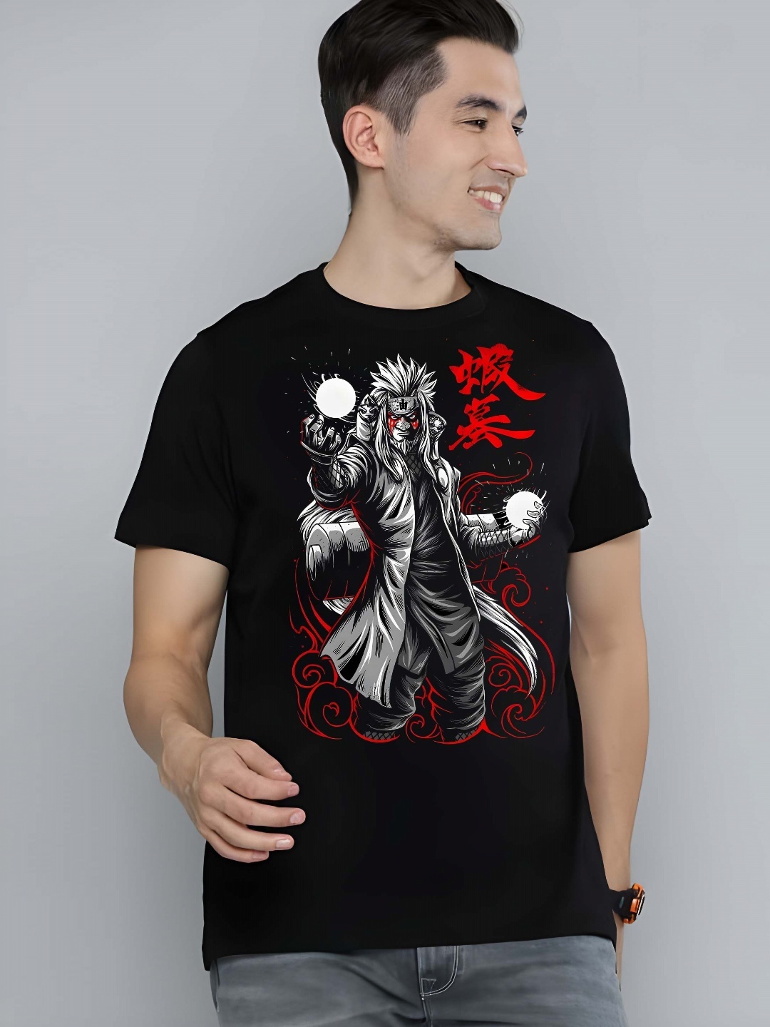 

KAIDO Men Naruto Graphic Printed Round Neck Cotton T-shirt, Black