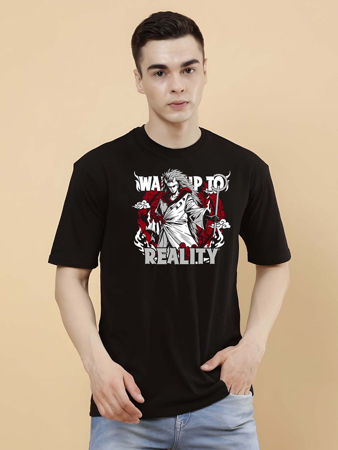 

KAIDO Men Graphic Printed Round Neck Pure Cotton Relaxed Fit T-shirt, Black