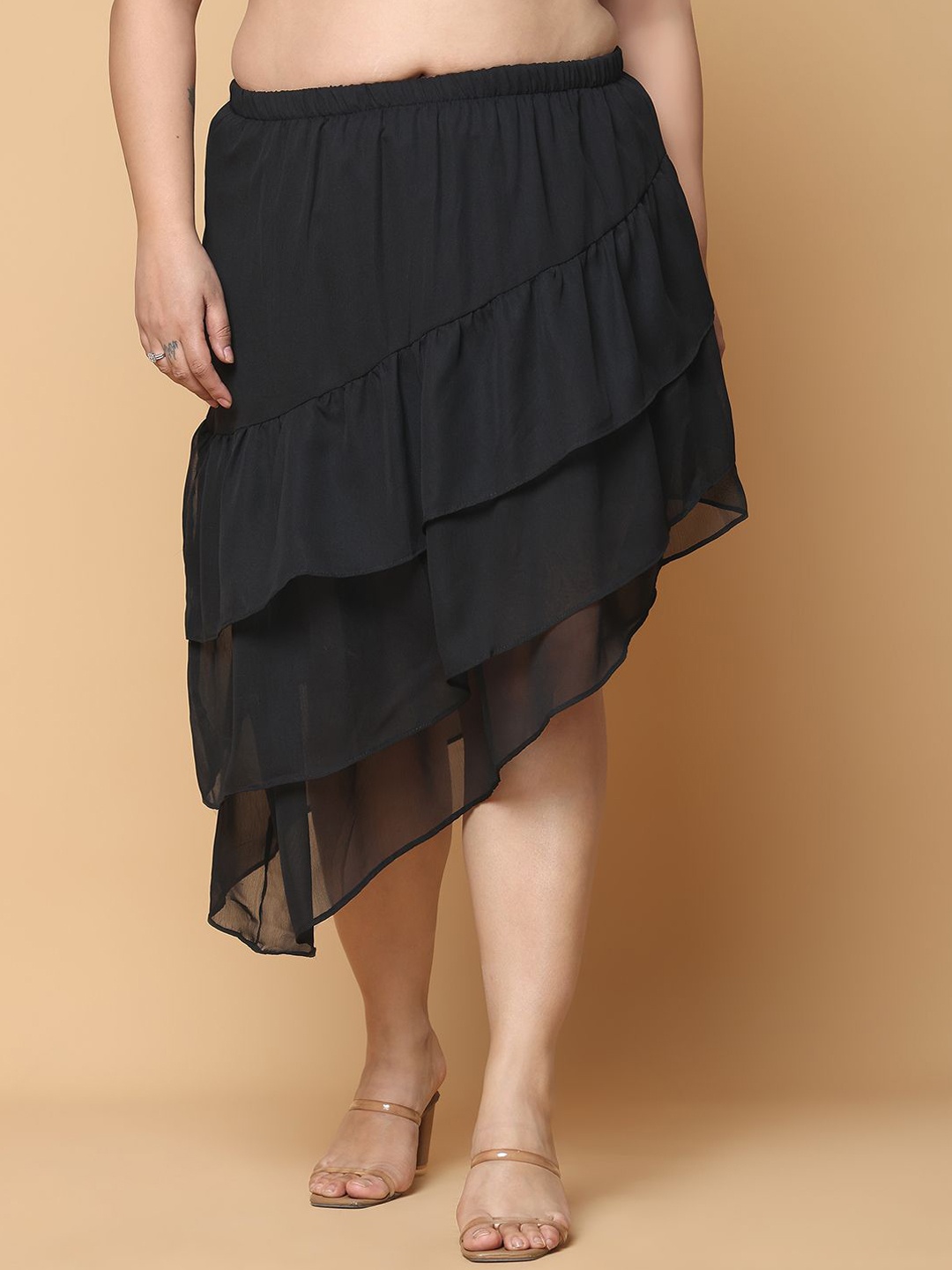 

theRebelinme Women A-Line Layered Plus Size Midi Skirt, Black