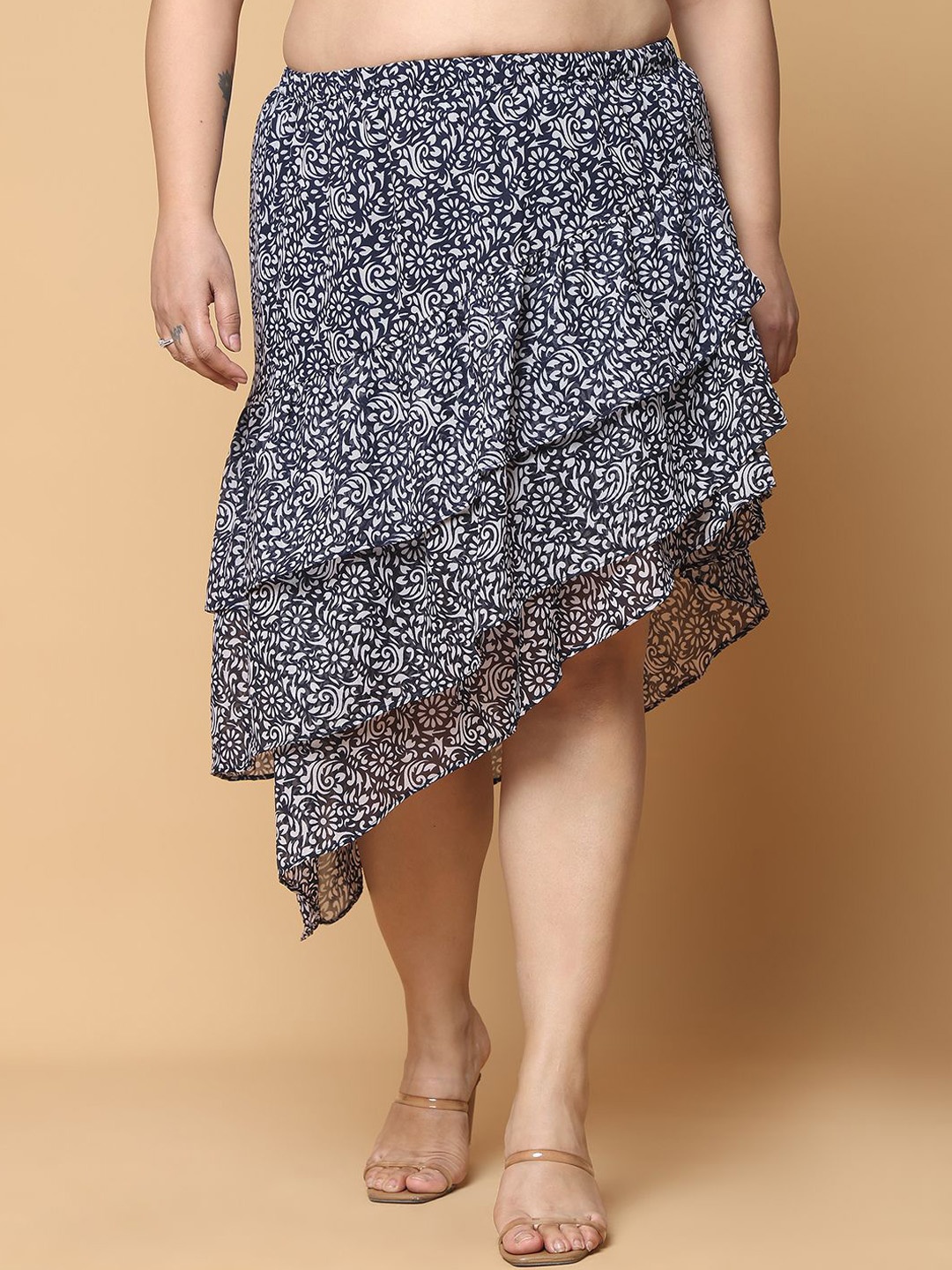 

theRebelinme Women Plus Size Floral Printed Layered Mid Skirt, Navy blue