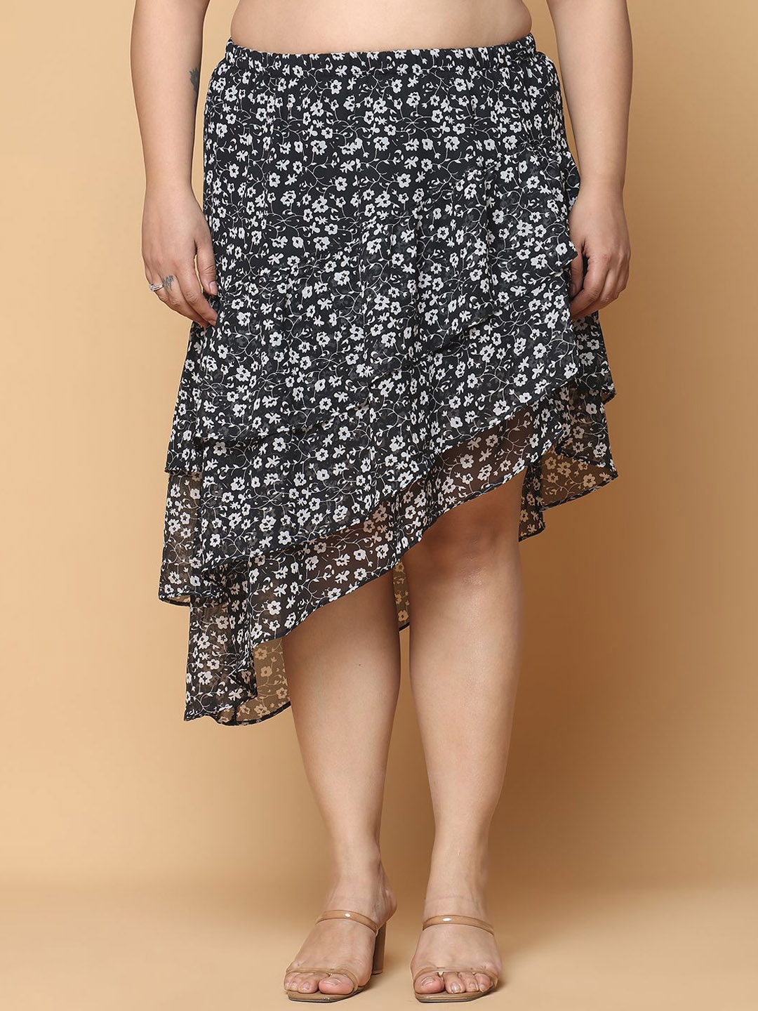 

theRebelinme Women Floral Printed Plus Size A-Line Knee Length Skirt, Black