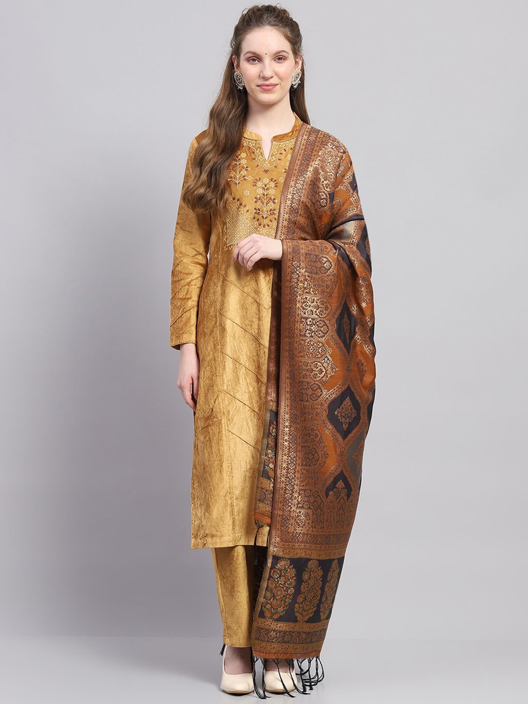 

Monte Carlo Ethnic Motifs Embroidered Straight Kurta With Trousers And Dupatta, Mustard