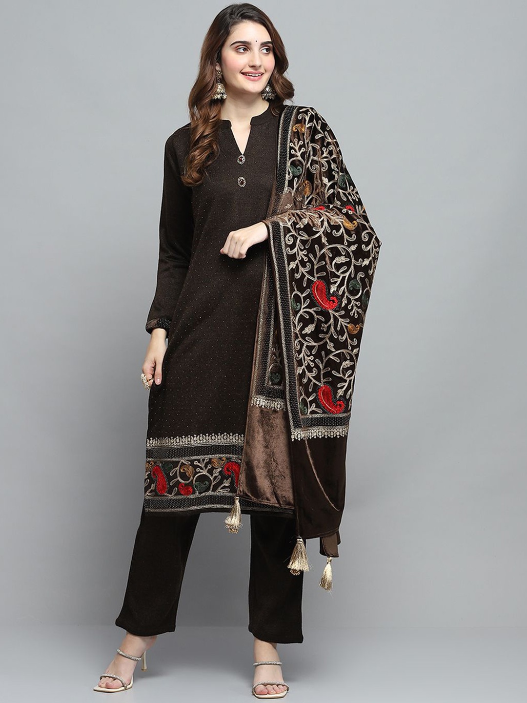 

Monte Carlo Floral Embroidered Thread Work Straight Kurta With Trousers And Dupatta, Brown