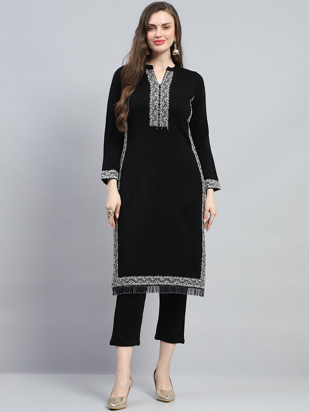 

Monte Carlo Thread Work Embroidered Straight Kurta With Trousers And Dupatta, Black