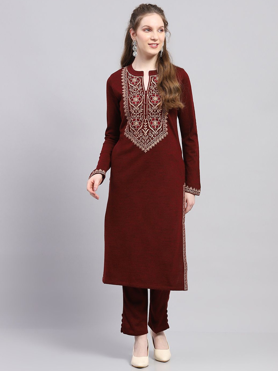 

Monte Carlo Floral Mandarin Yoke Design Collar Kurta With Trousers And Dupatta, Maroon