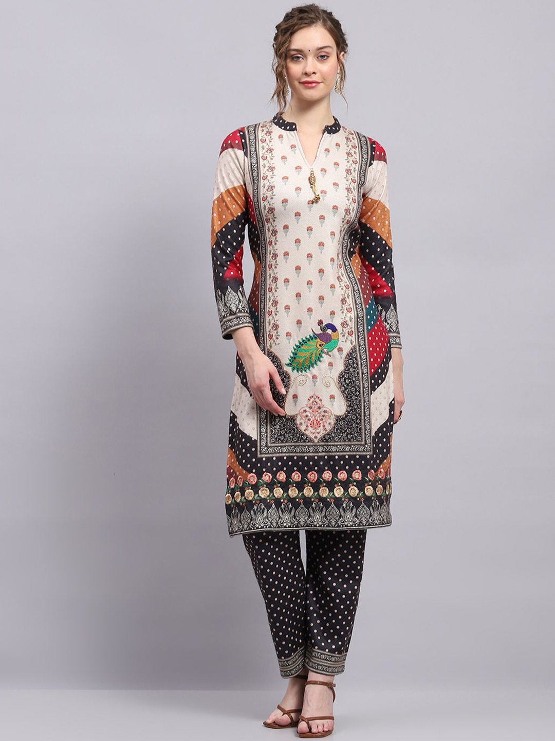 

Monte Carlo Ethnic Motifs Printed Mandarin Collar Straight Kurti With Trouser, Cream
