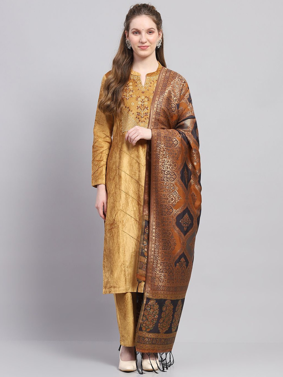 

Monte Ethnic Motifs Embroidered Mandarin Collar Kurta With Trousers And Dupatta, Mustard