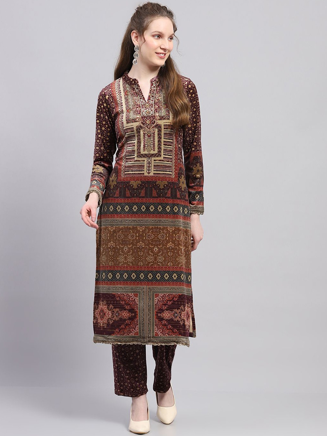 

Monte Carlo Ethnic Motifs Printed Mandarin Collar Kurta With Trousers And Dupatta, Purple