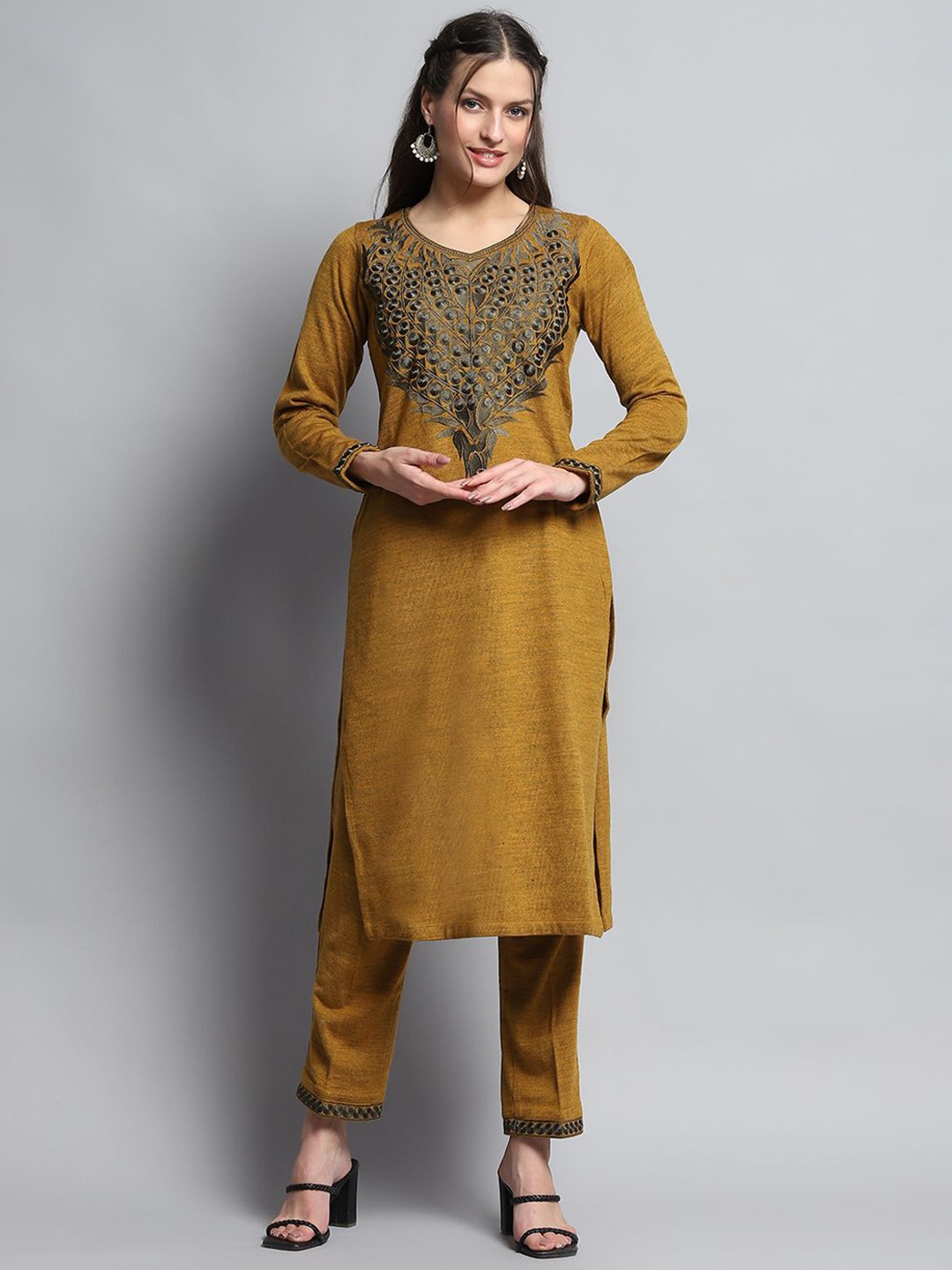 

Monte Carlo Round Neck Embroidered Straight Kurta With Trouser, Mustard
