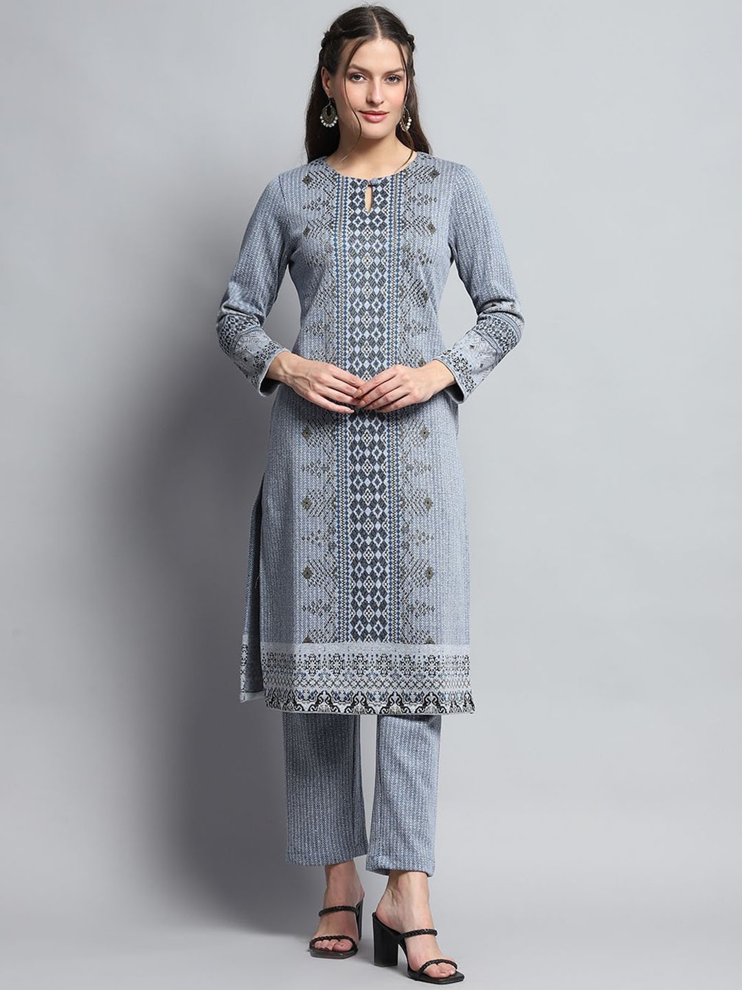 

Monte Carlo Striped Self Design Keyhole Neck Kurta With Trousers And Dupatta, Grey