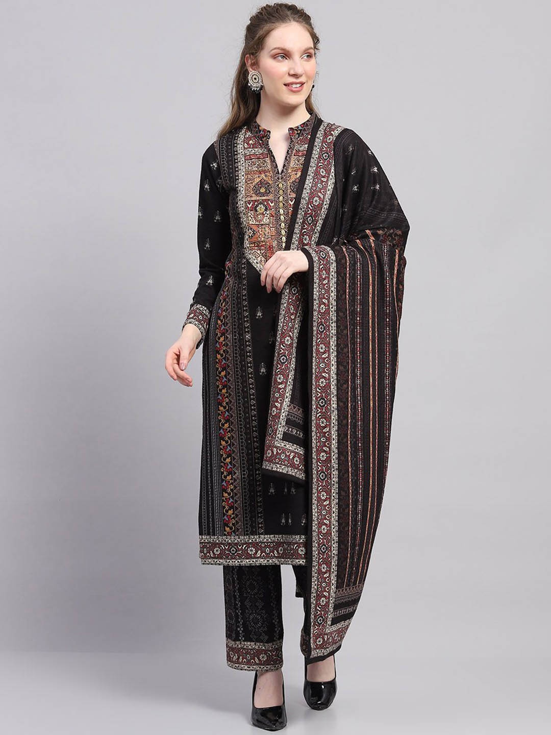 

Monte Carlo Ethnic Motifs Woven Designed Straight Kurta With Trousers And Dupatta, Black