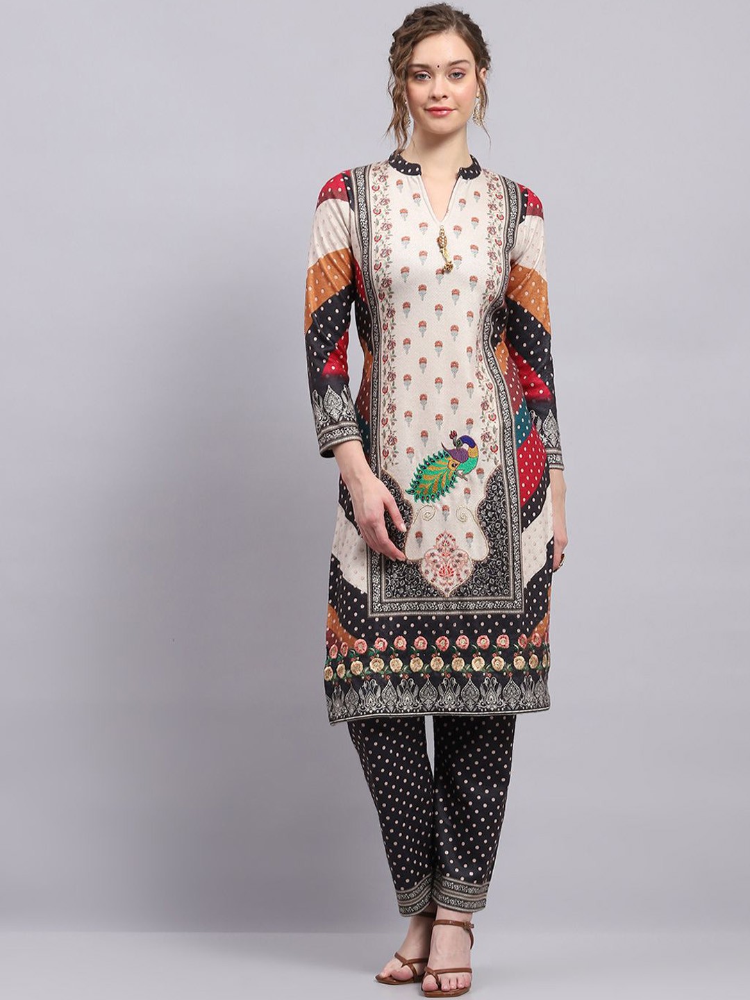 

Monte Carlo Ethnic Motifs Woven Designed Straight Kurta With Trousers And Dupatta, Cream