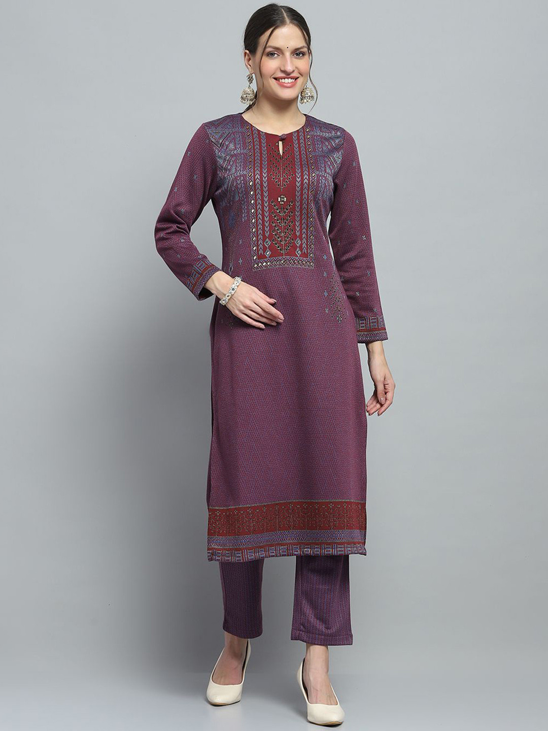 

Monte Carlo Self Design Printed Round Neck Straight Kurta With Trousers, Purple