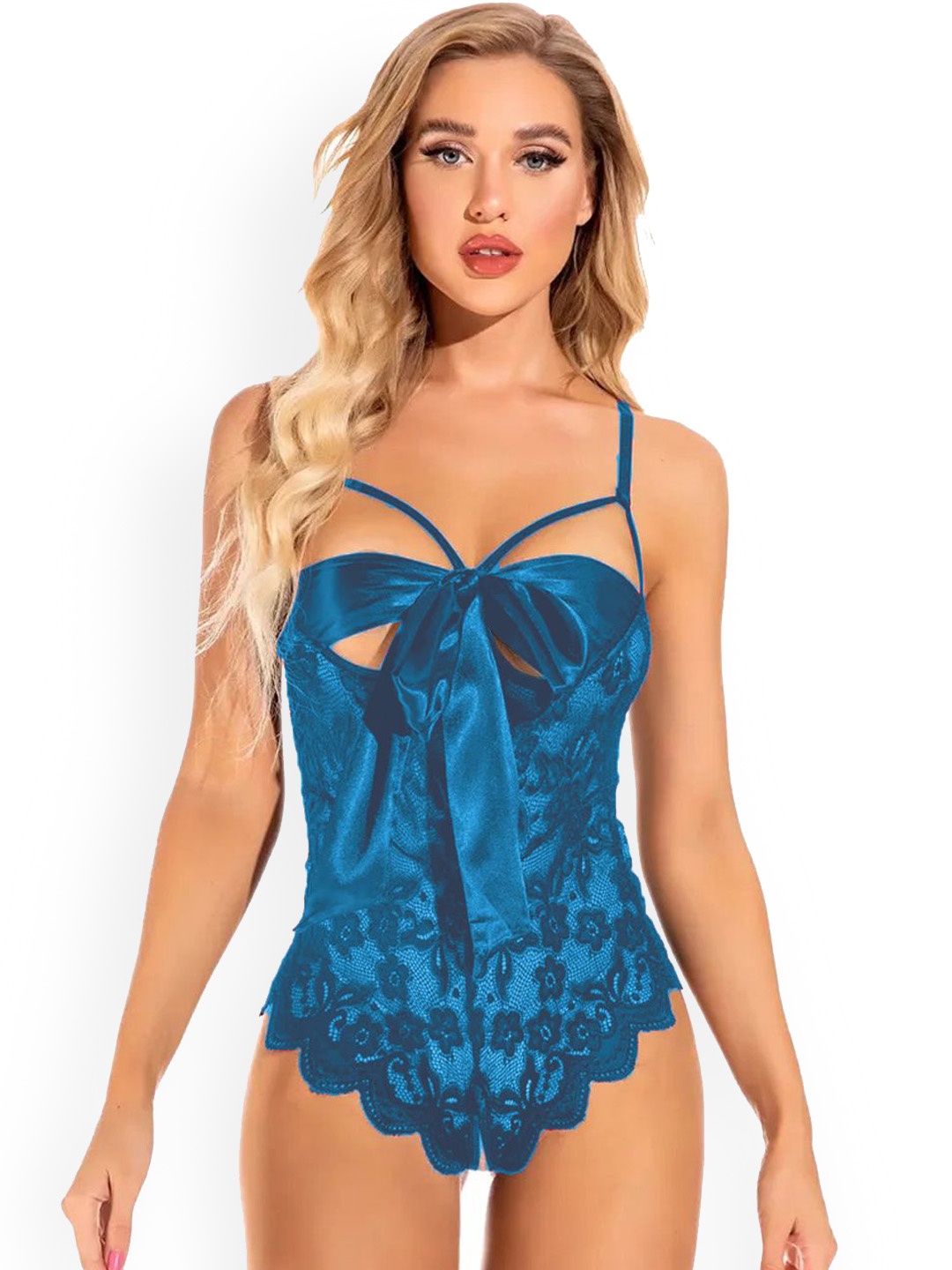 

FIMBUL Front Knot Open Net Baby Doll, Teal