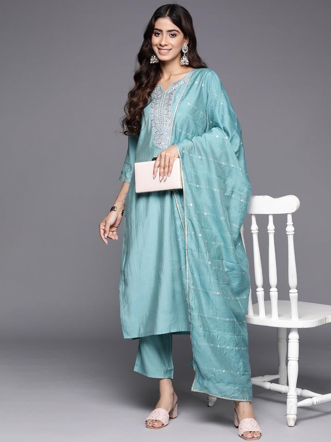 

Libas Floral Embroidered Sequinned Straight Kurta With Trousers & Dupatta, Blue