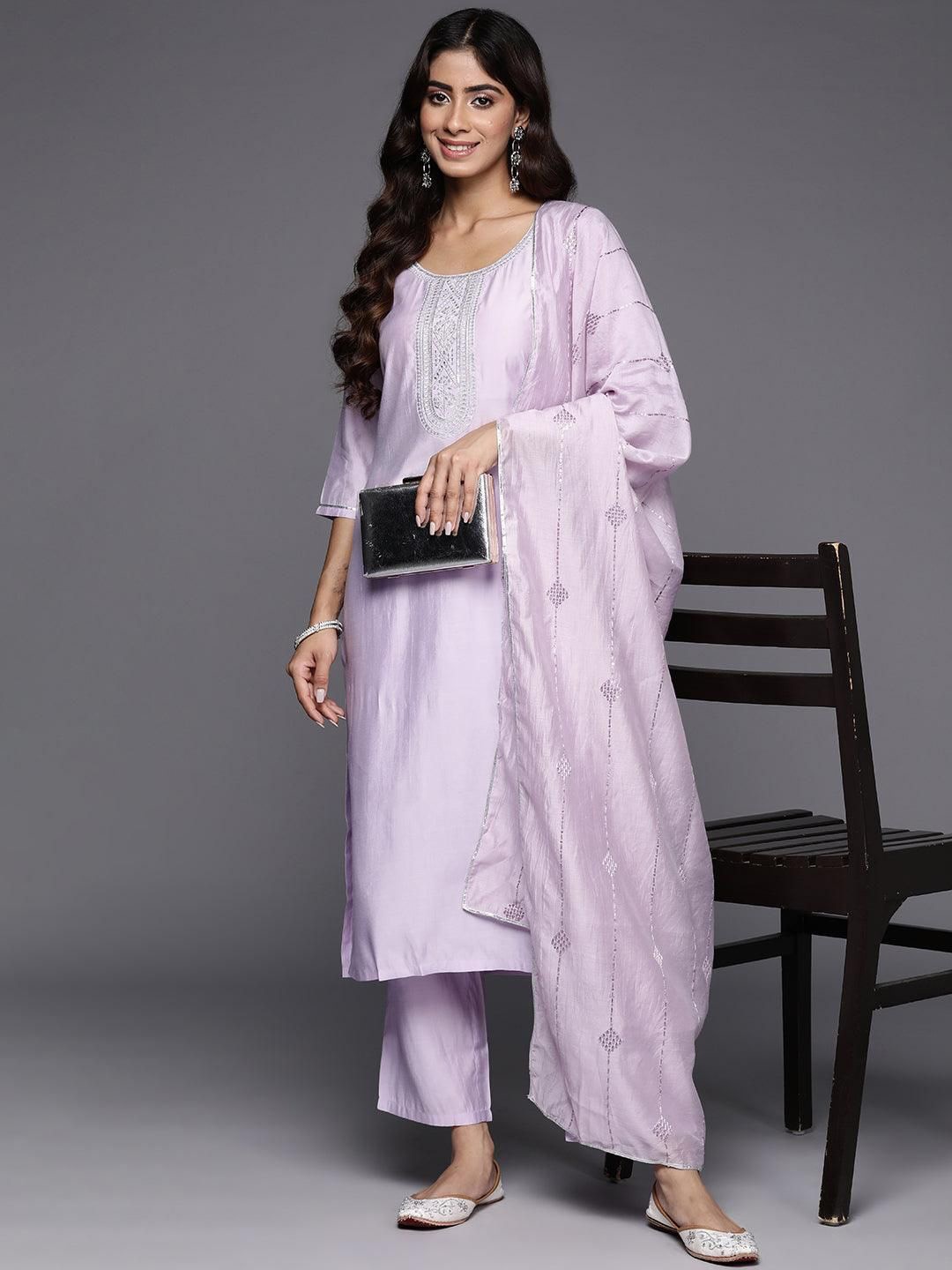 

Libas Floral Embroidered Sequinned Straight Kurta With Trousers & Dupatta, Lavender