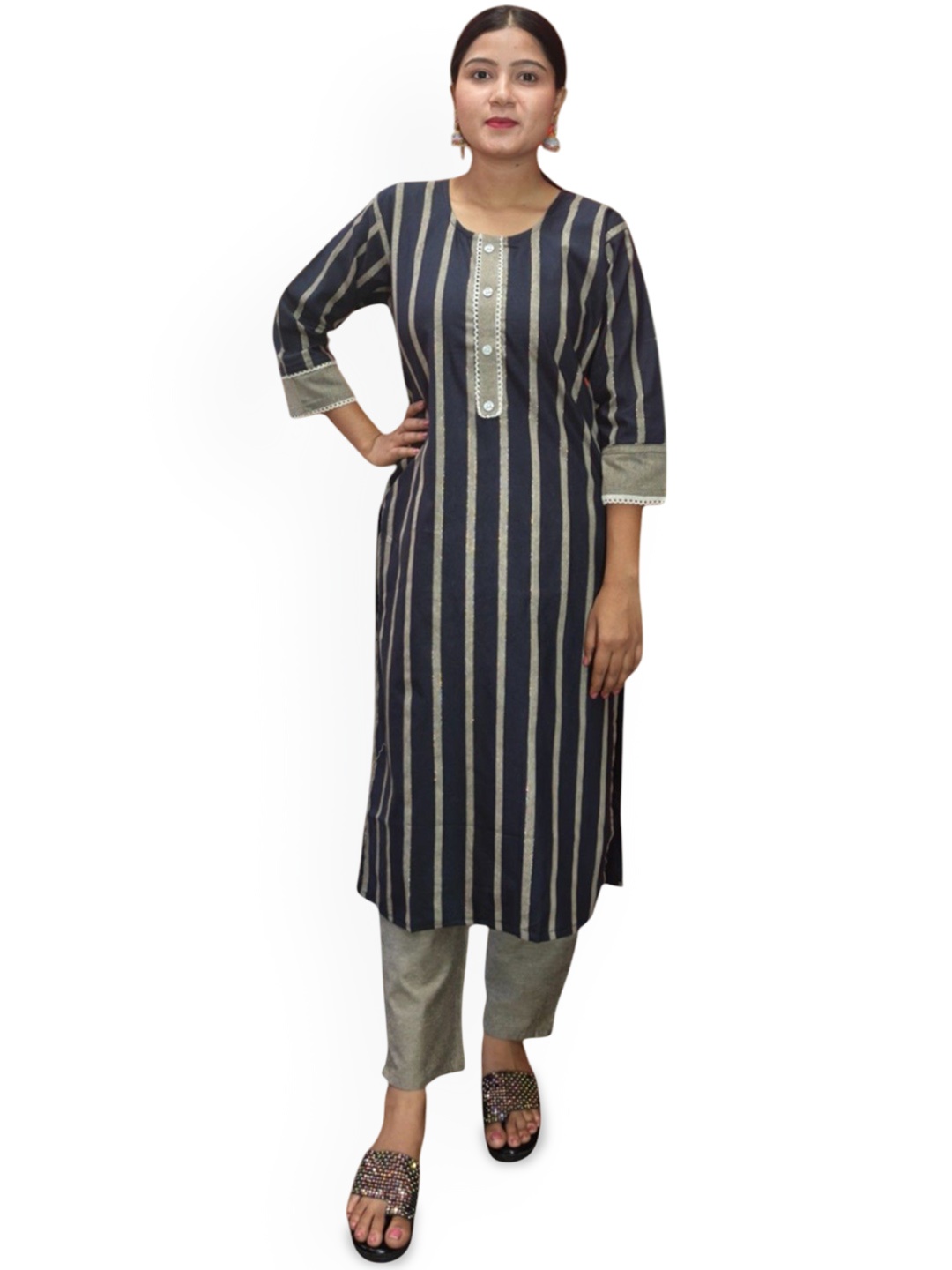 

Ayukti Striped Pure Cotton Straight Kurta With Palazzo, Black