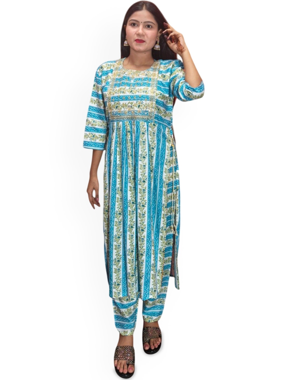 

Ayukti Ethnic Motifs Printed Pure Cotton Straight Kurta With Palazzo, Blue