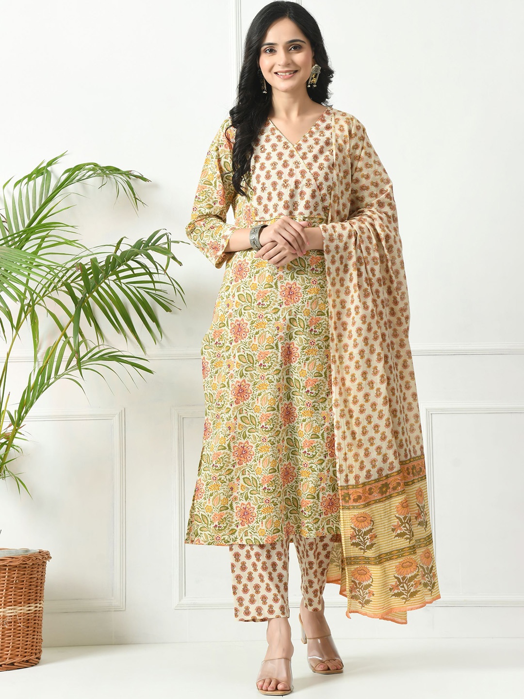 

filora Floral Printed Straight Pure Cotton Kurta With Trousers And Dupatta, Yellow