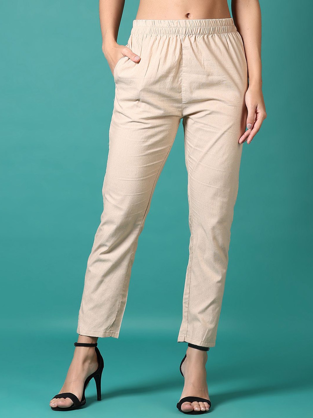 

V-Mart Women Regular Fit Cotton Trousers, Beige