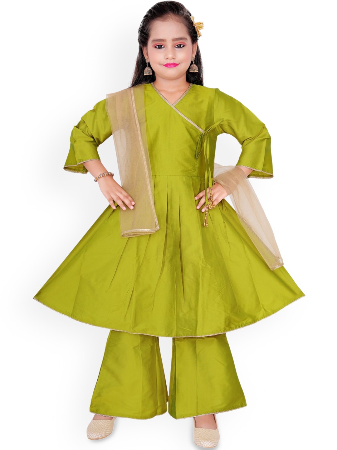 

ZACKBEE Girls V-Neck Kurta With Trousers & With Dupatta, Green