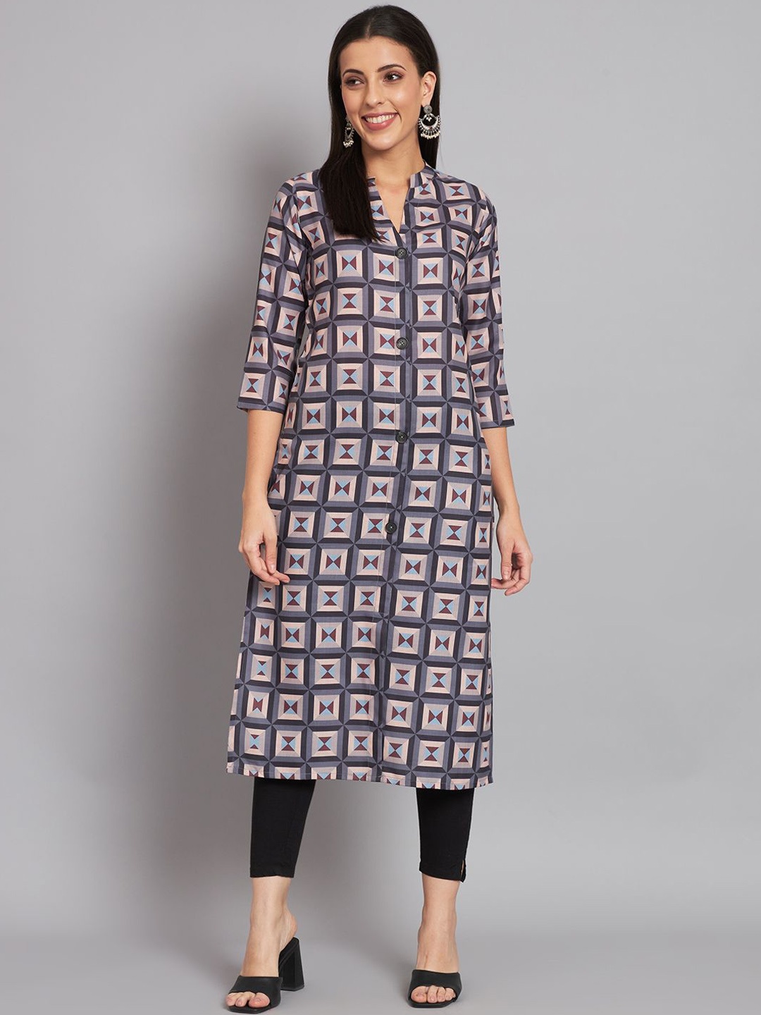 

SHAHVEER CREATION Geometric Printed Cotton Mandarin Collar A-Line Kurta, Grey