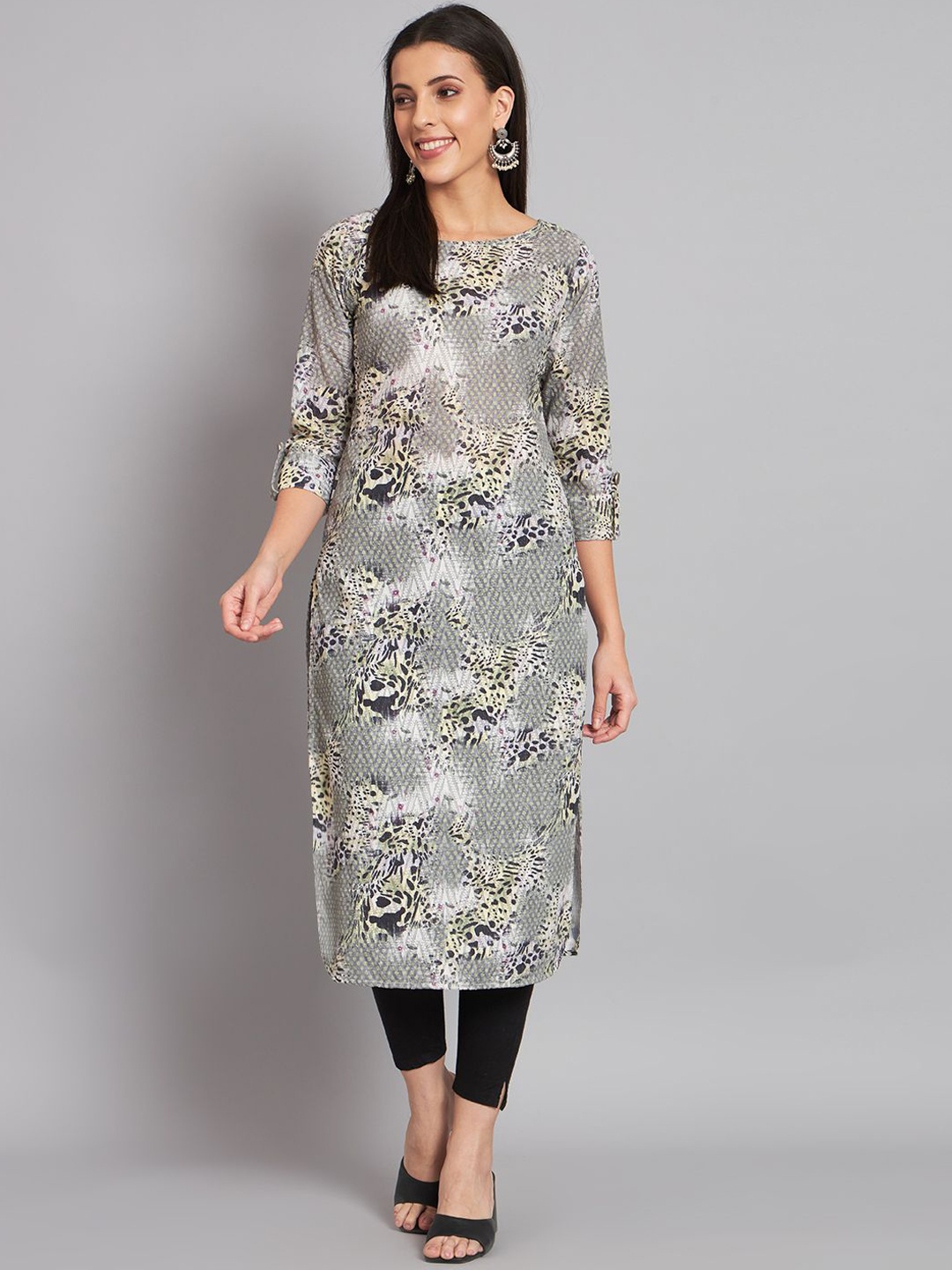 

SHAHVEER CREATION Animal Printed Boat Neck Cotton Straight Kurta, Green