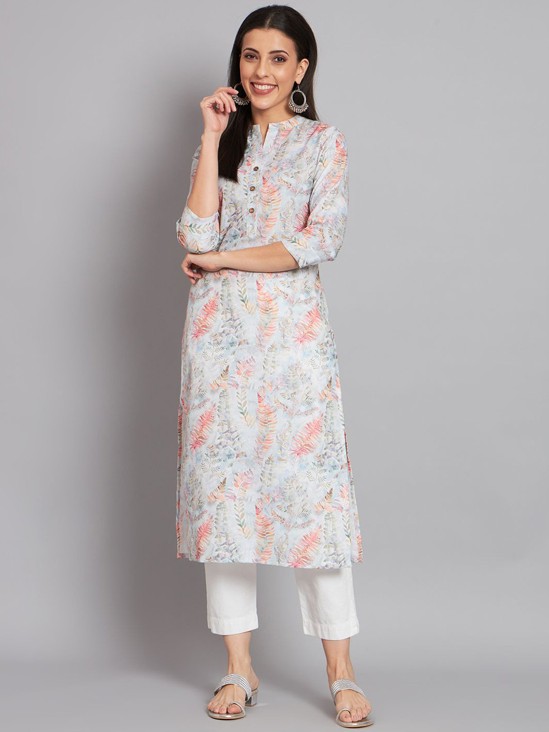 

SHAHVEER CREATION Floral Printed Mandarin Collar Cotton Straight Kurta, Cream