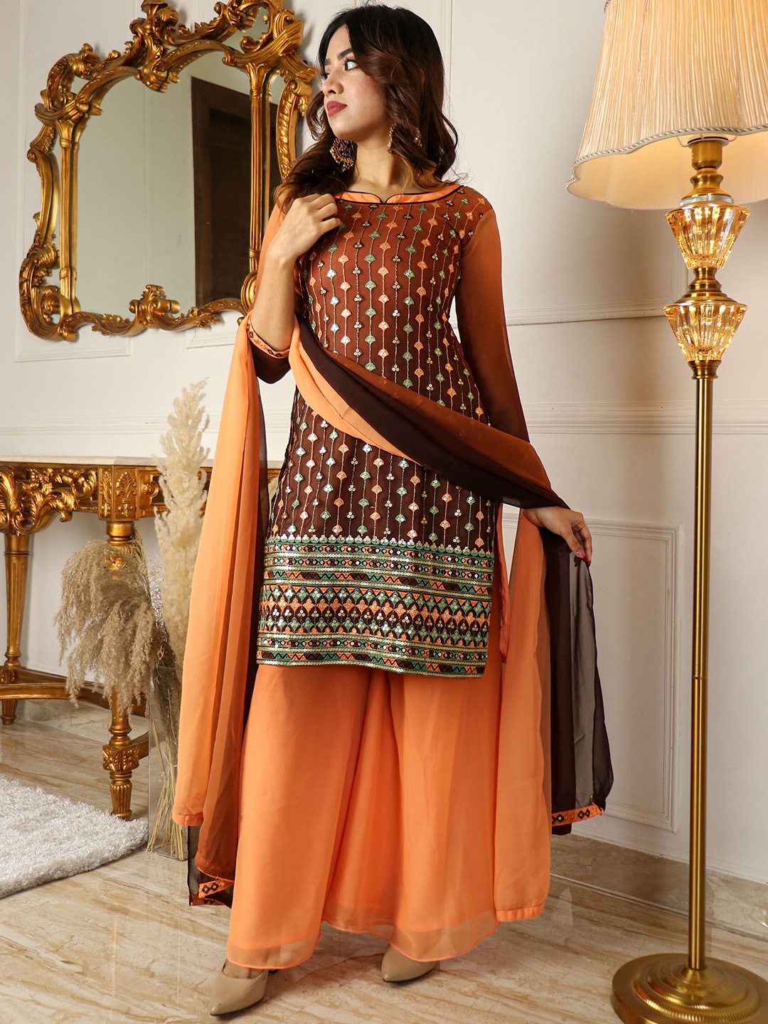 VIVARAA FASHION Ethnic Motifs Embroidered Poly Georgette Kurta With Sharara And Dupatta, Brown