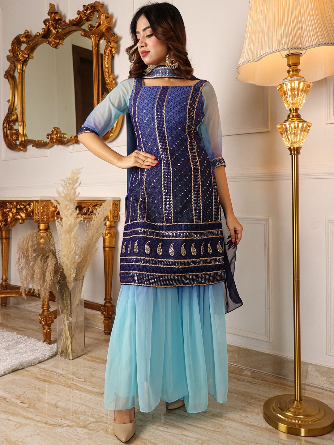 

VIVARAA FASHION Ethnic Motifs Embroidered Kurta With Sharara And Dupatta, Blue