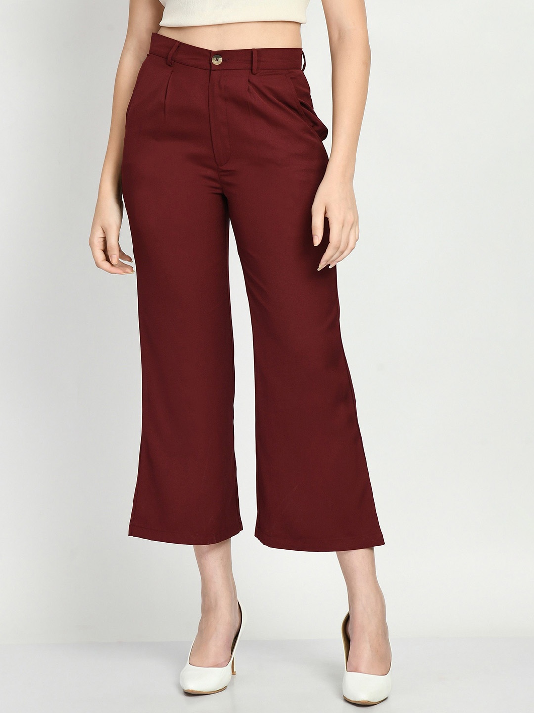 

COATTIRE Women Mid-Rise Regular Fit Wide Leg Trousers, Maroon