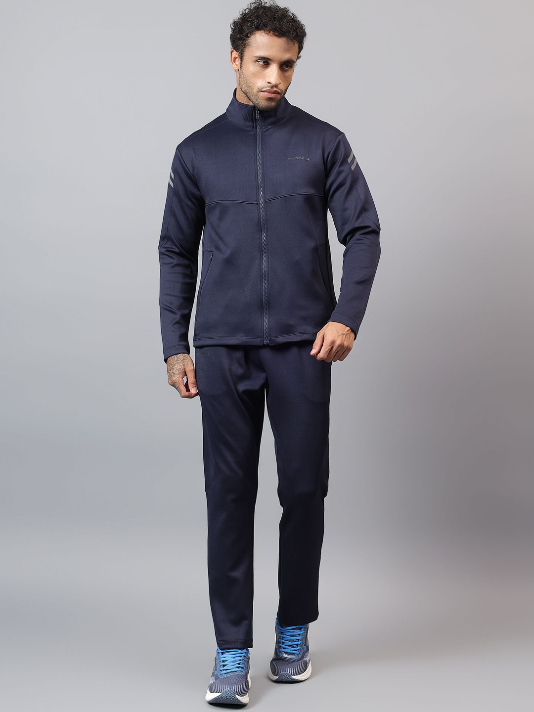 

VECTOR X Men Mock Collar Brand Logo Printed Tracksuit, Navy blue