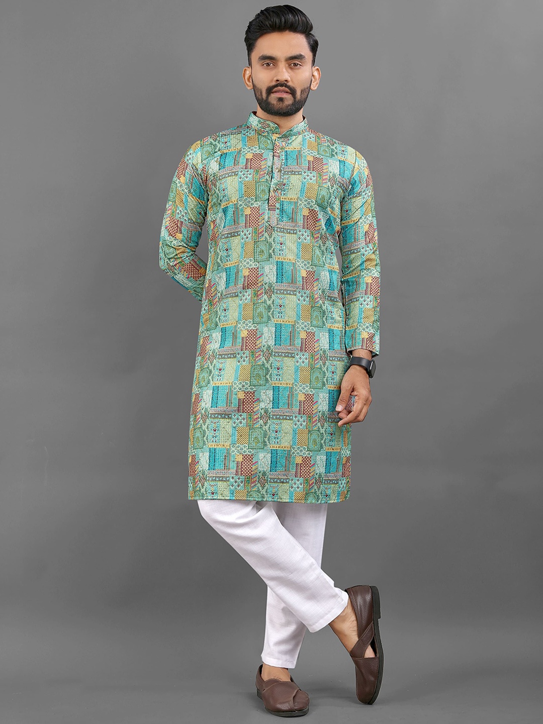 

CHARLOTTE GRACIOUS Ethnic Motifs Printed Mandarin Collar Kurta, Sea green