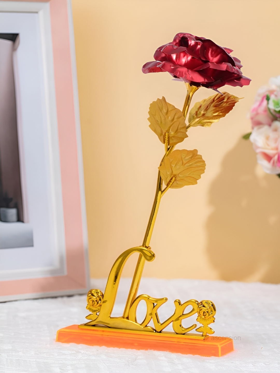 

Ascension Gold-Toned & Red 2 Pieces Textured Rose Flower With Love Stand Showpieces
