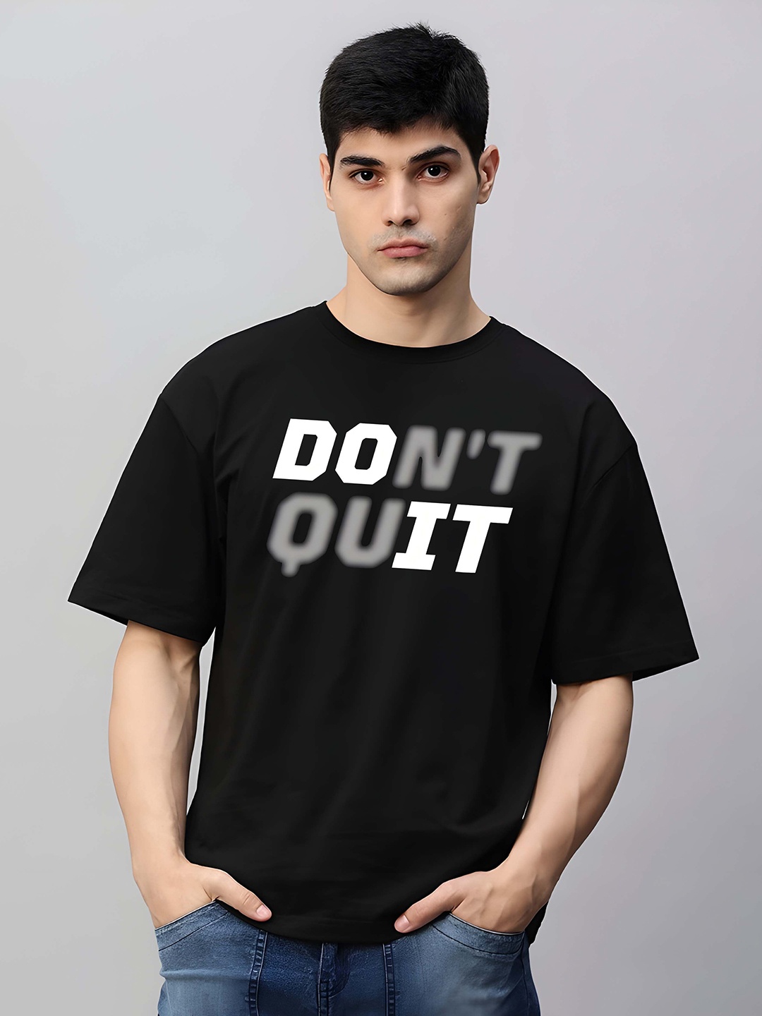 

KAIDO Men Typography Printed Round Neck Pure Cotton Oversized T-shirt, Black