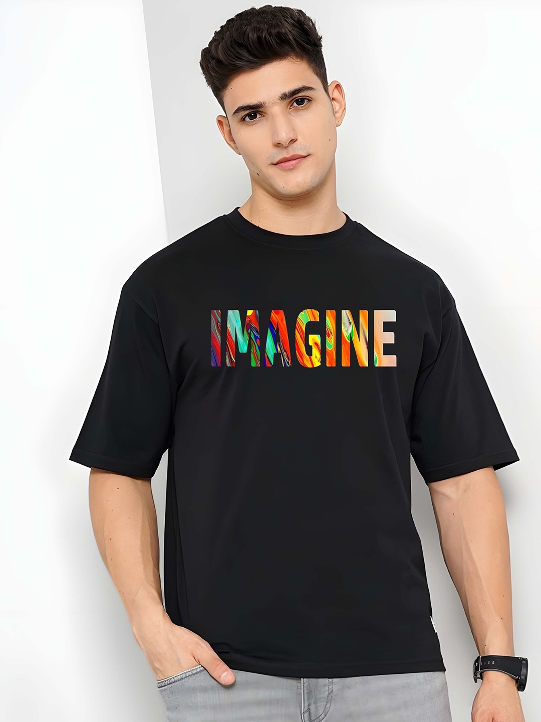 

KAIDO Men Typography Printed Round Neck Pure Cotton Oversized T-shirt, Black
