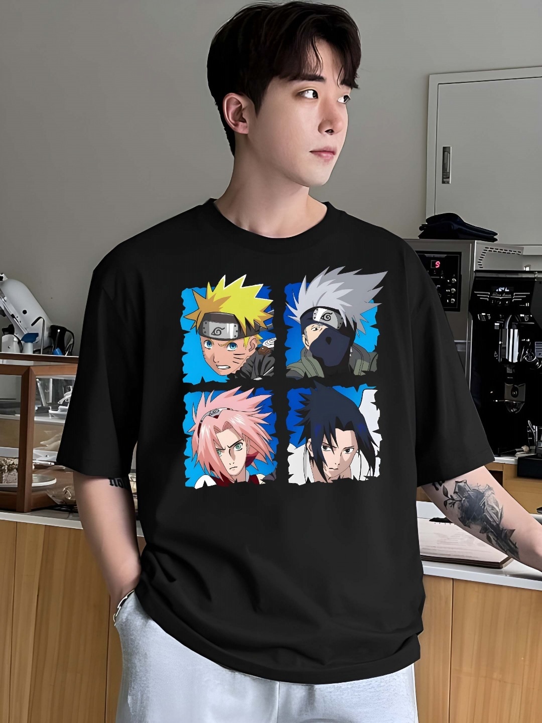 

KAIDO Naruto Anime Printed Round Neck Pure Cotton Relaxed Fit T-shirt, Black