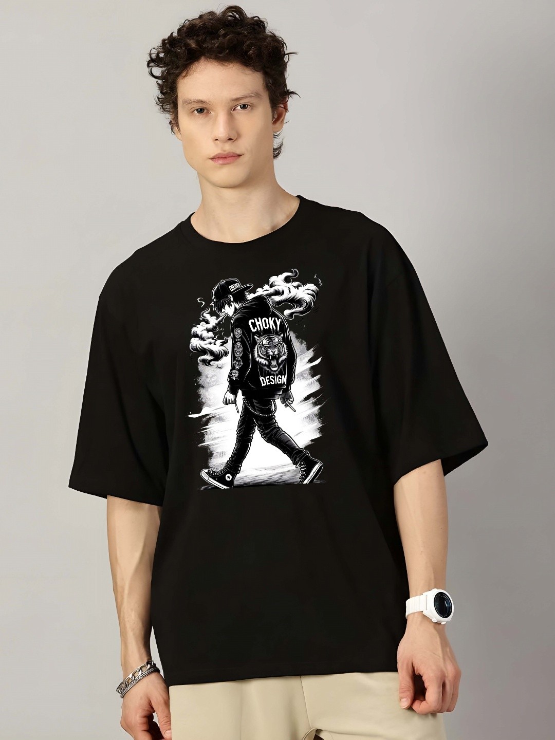 

KAIDO Men Graphic Printed Round Neck Pure Cotton Relaxed Fit T-shirt, Black