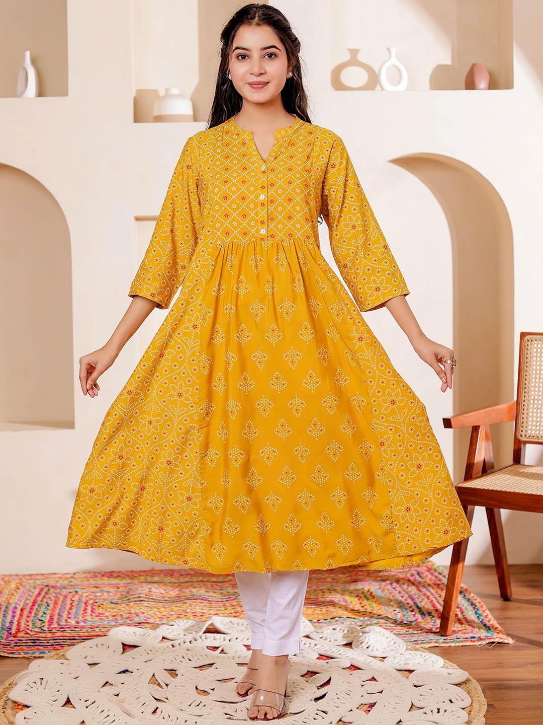 

VASVI Bandhani Printed Mandarin Collar A-line Kurta, Yellow