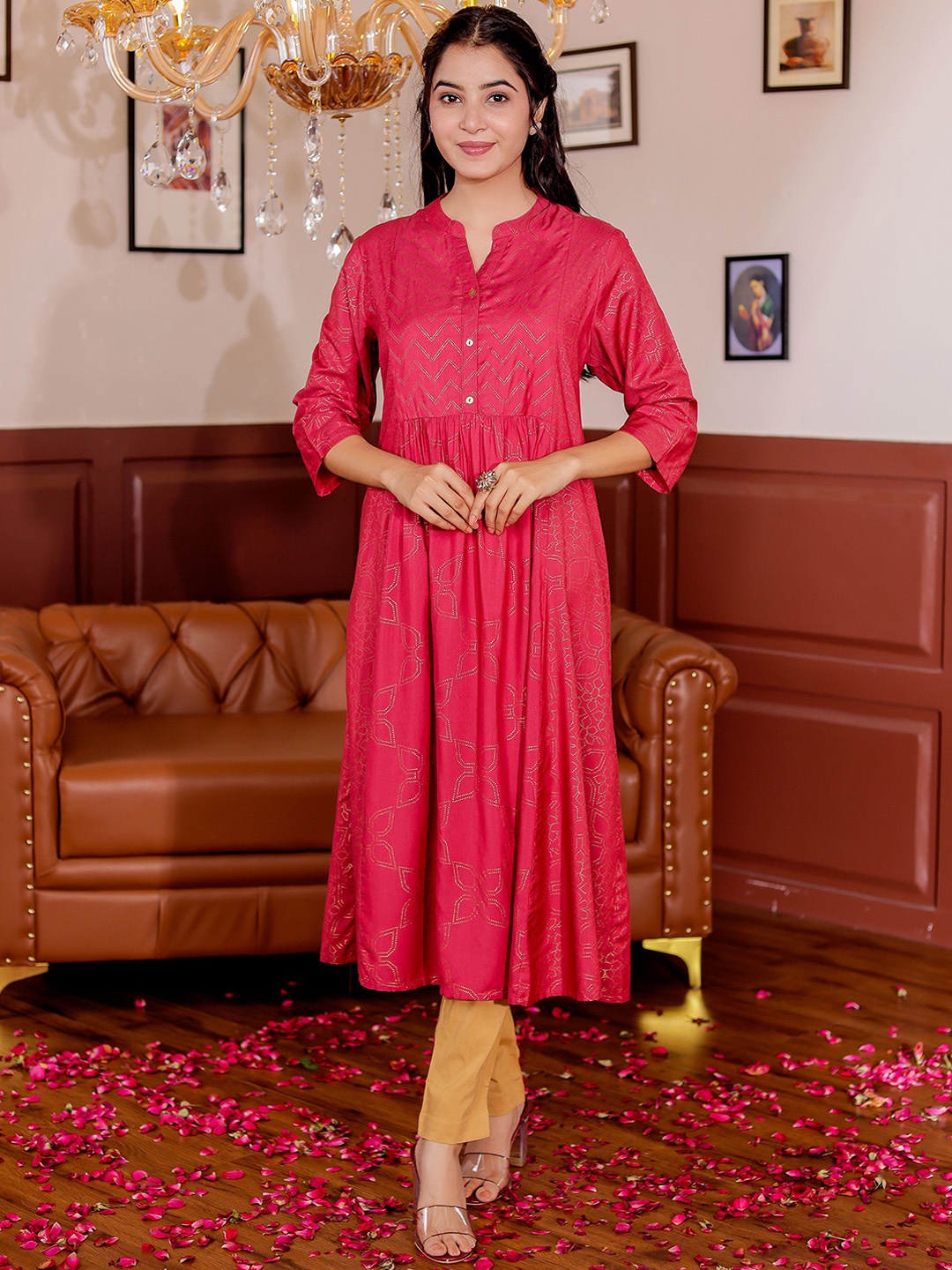 

VASVI Ethnic Motifs Printed Mandarin Collar A-line Kurta, Pink
