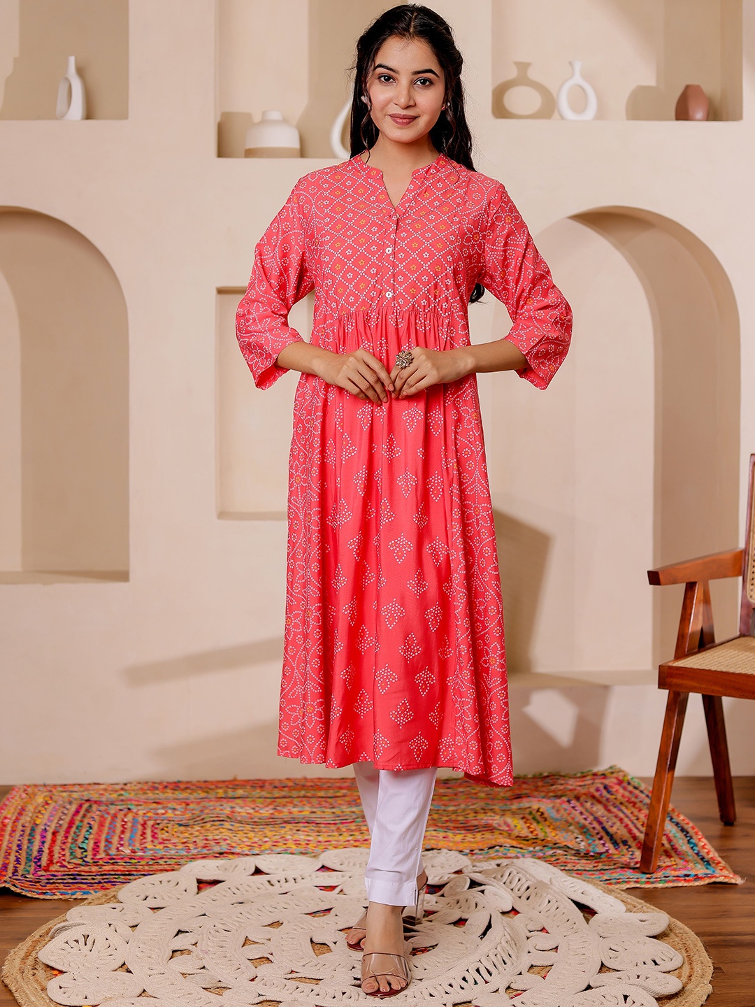 

VASVI Bandhani Printed Mandarin Collar A-line Kurta, Pink