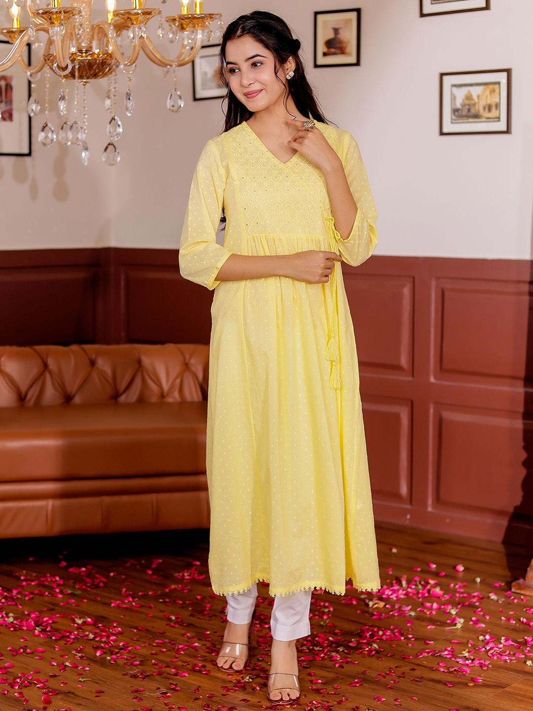 

VASVI Polka Dot Embroidered V-Neck A-Line Kurta, Yellow