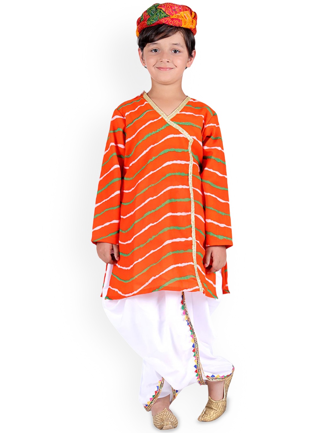 

itsmycostume Boys Leheriya Printed Angrakha Pure Cotton Kurta With Dhoti Pants, Orange