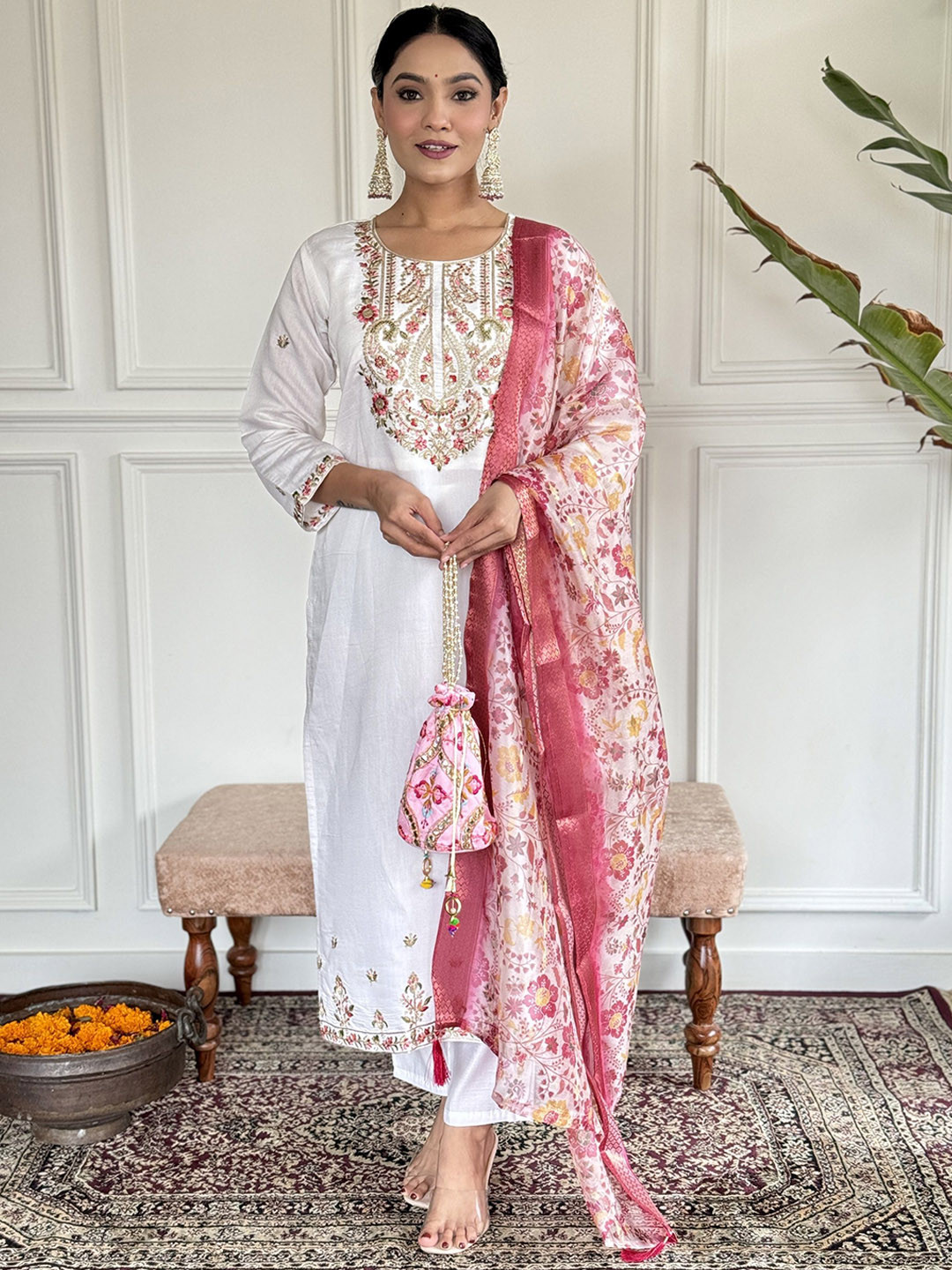 

PARNAVI Floral Embroidered Thread Work Chanderi Cotton Kurta With Trousers And Dupatta, Pink