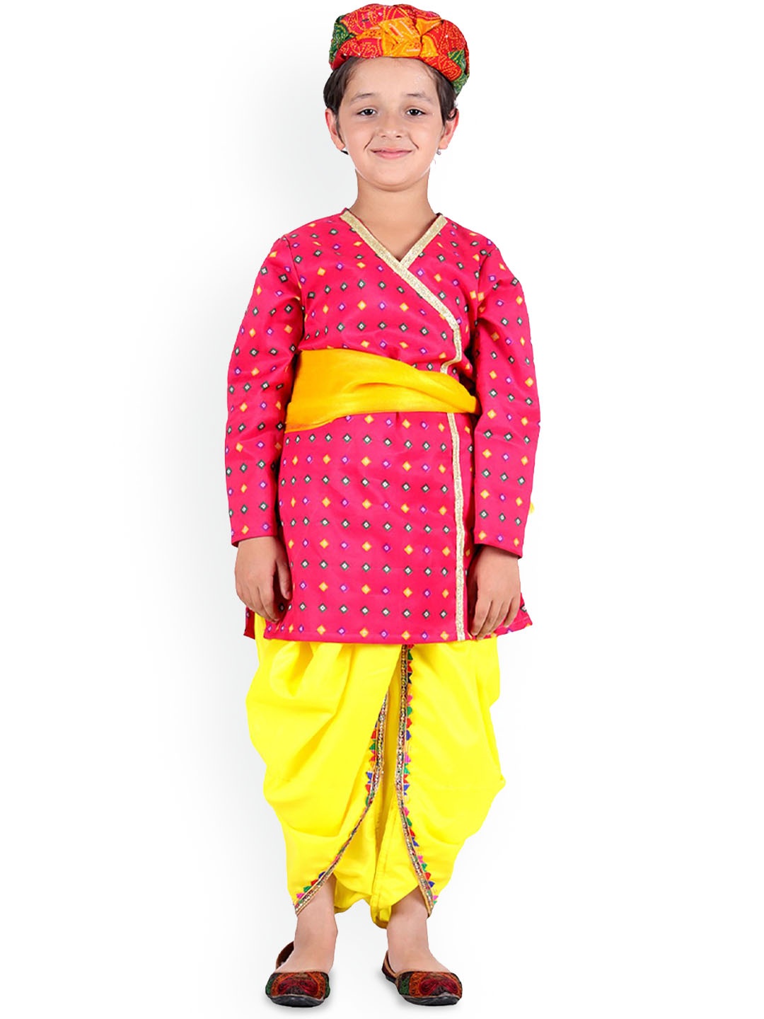 

itsmycostume Boys Bandhani Printed Pure Cotton Kurta With Dhoti Pants And Dupatta, Pink
